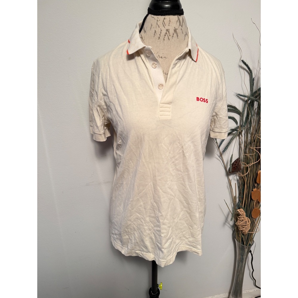 BOSS Men's Cream‎ Regular Fit Luxury Cotton Short Sleeve Polo Shirt Size M